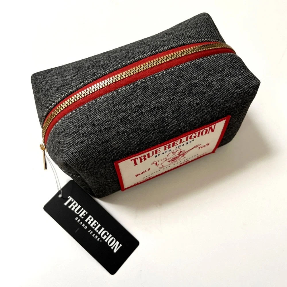 NWT True Religion Loaf Cosmetics Toiletry Travel Bag Gray Denim Buddha Patch
